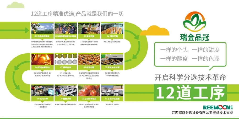 綠萌分選 讓您的水果好吃看得見 2020年11月27日，由瑞金市品冠農(nóng)業(yè)發(fā)展有限公司承辦的2020紅都品冠贛南臍橙以“綠水青山、紅色傳橙”為主題的推介會在沈陽舉行。瑞金品冠圍繞“紅色傳橙、綠色情懷、生態(tài)共建、品牌強農(nóng)”的理念，堅持要把優(yōu)質(zhì)贛南臍橙推介給東北人民，為此，瑞金品冠挑選優(yōu)質(zhì)臍橙果園基地